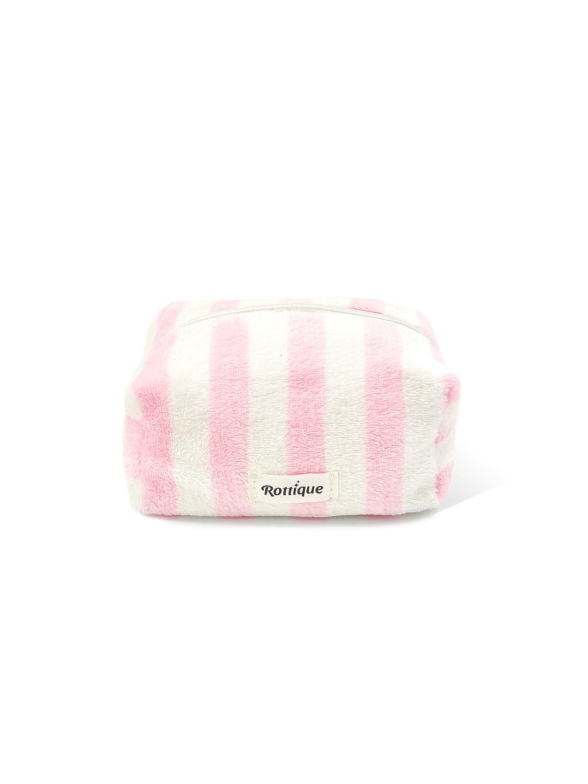 Pink and white striped makeup pouch with fluffy flannel texture, perfect for travel and daily commute